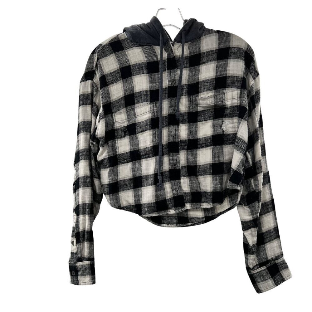 American Eagle Women's Plaid Cropped Jacket Hooded Button Up Distressed Small